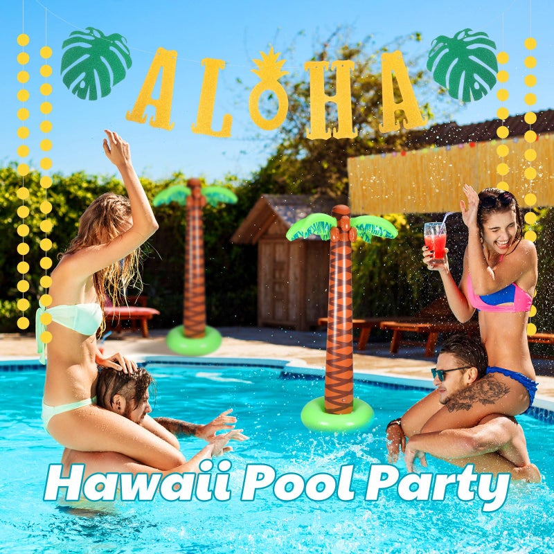MiniInflat 4 Pcs Hawaiian Party Decorations Include 2 Pack 5.9ft Giant Inflatable Palm Trees 1 Pcs 9.06 x 2.46 ft Luau Grass Table Skirt 1 Glittery Aloha Banner for Tropical Summer Hawaiian Luau - Image 3